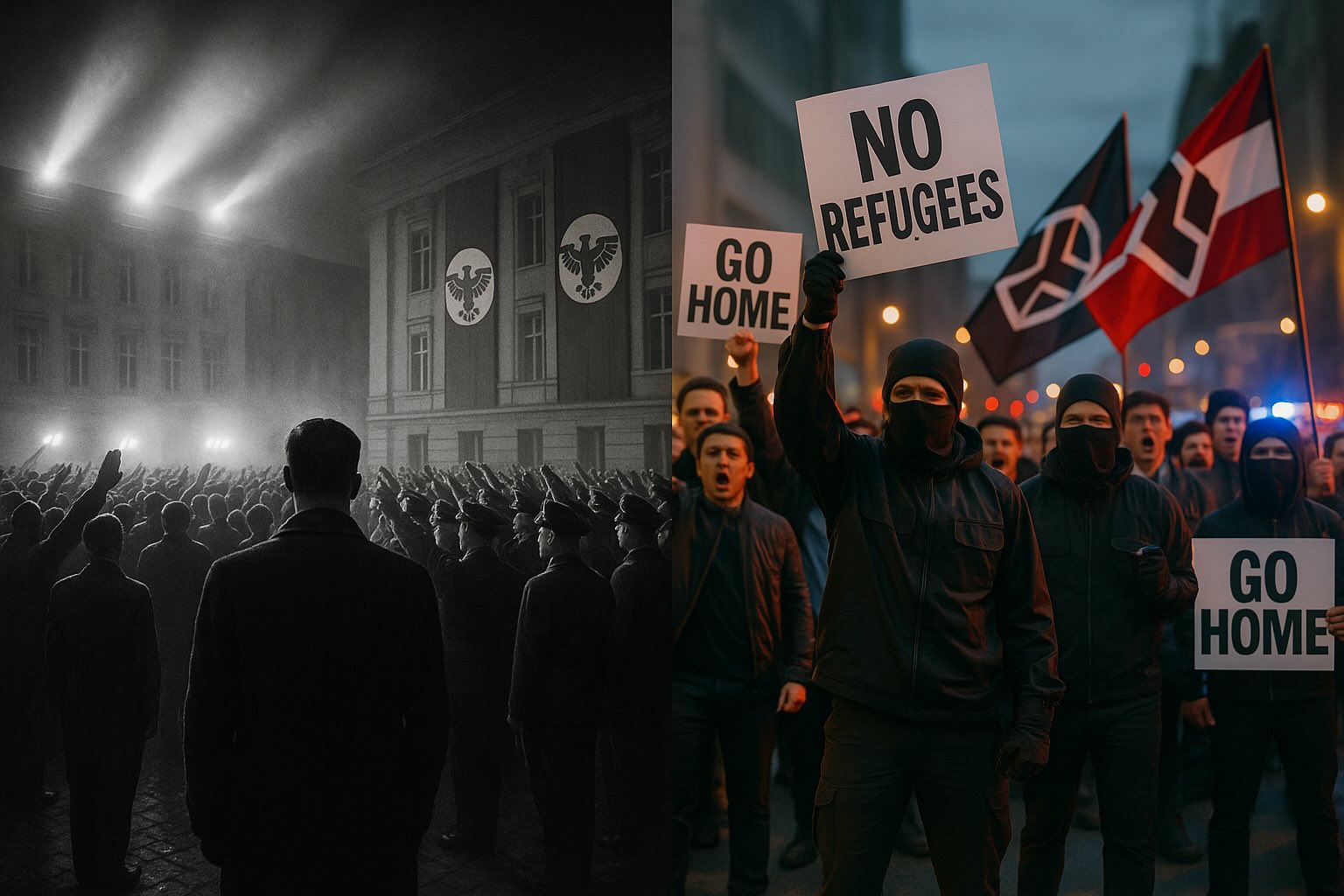 Split image showing 1930s propaganda rally alongside modern hate symbols